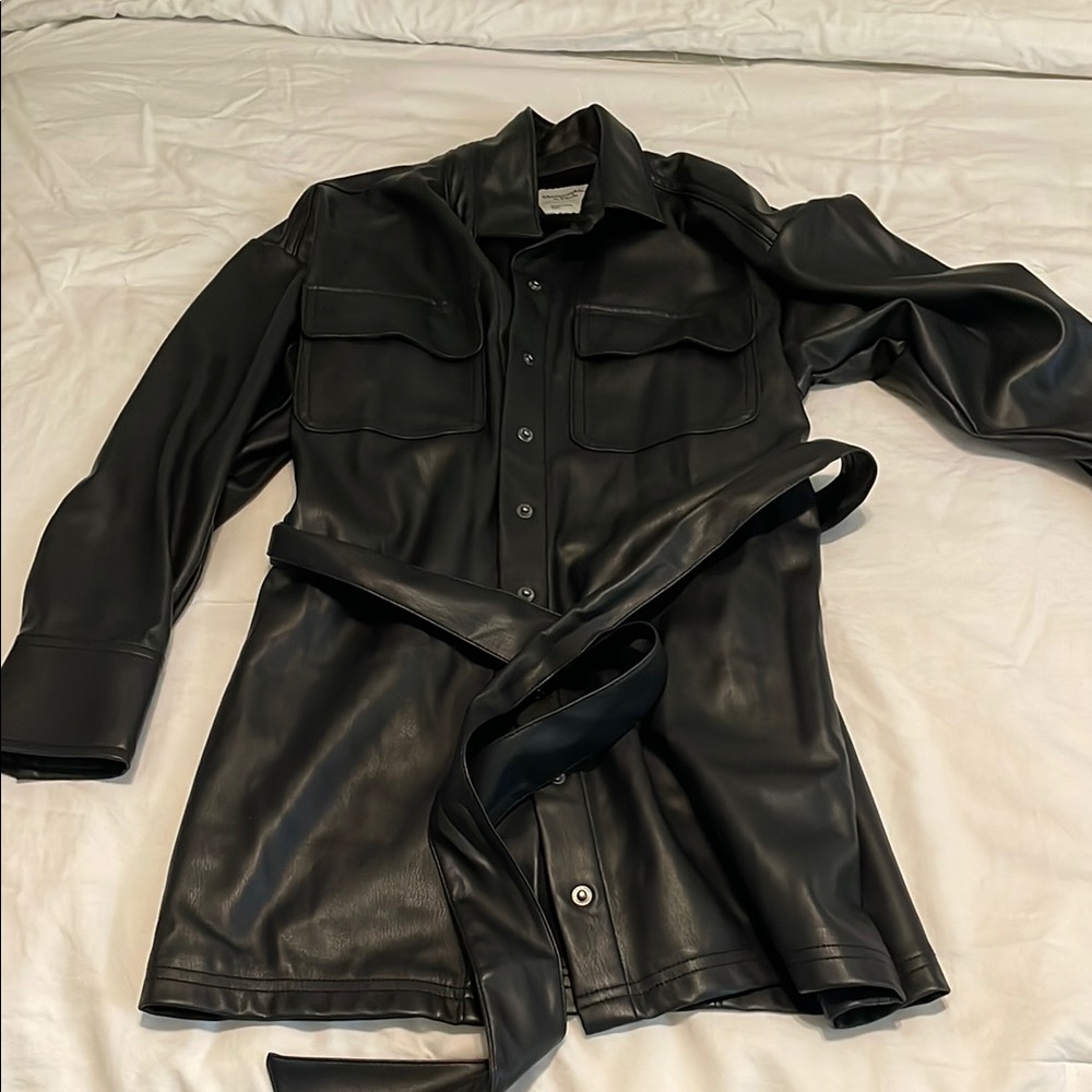 Black Leather Shirt Jacket with Belt